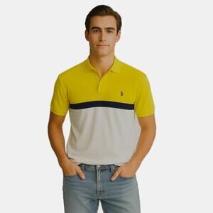 Polo Golf Ralph Lauren Men Yellow White Blue Shirt Preppy Coastal Academia L